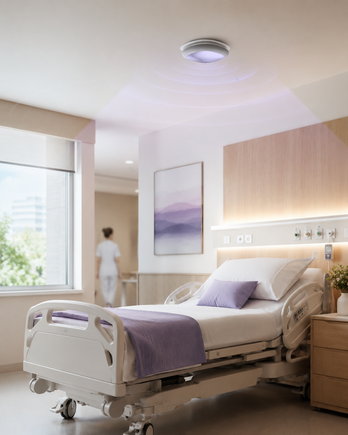 Pflegekraft betreut Patientin in hellem Klinikzimmer